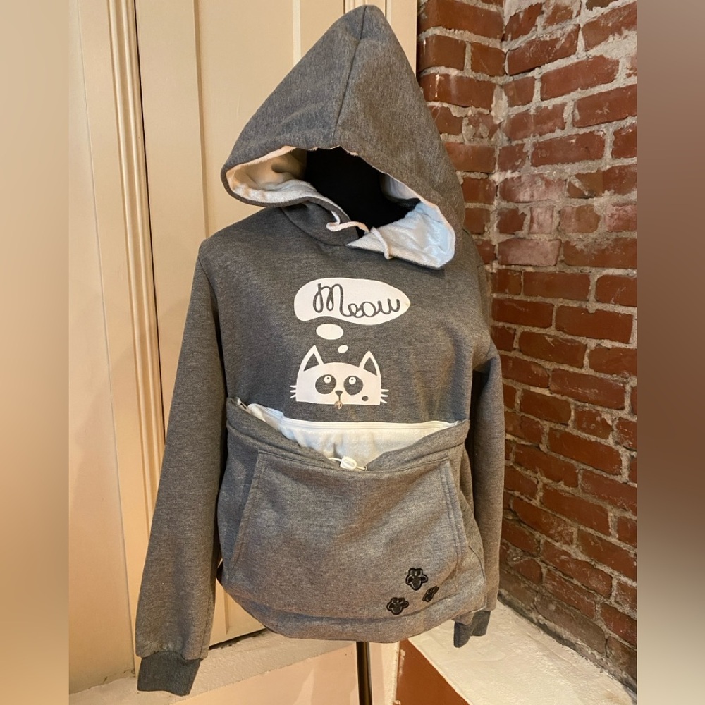 Pet pocket Gray and White Cat Graphic Hoodie Sweatshirt